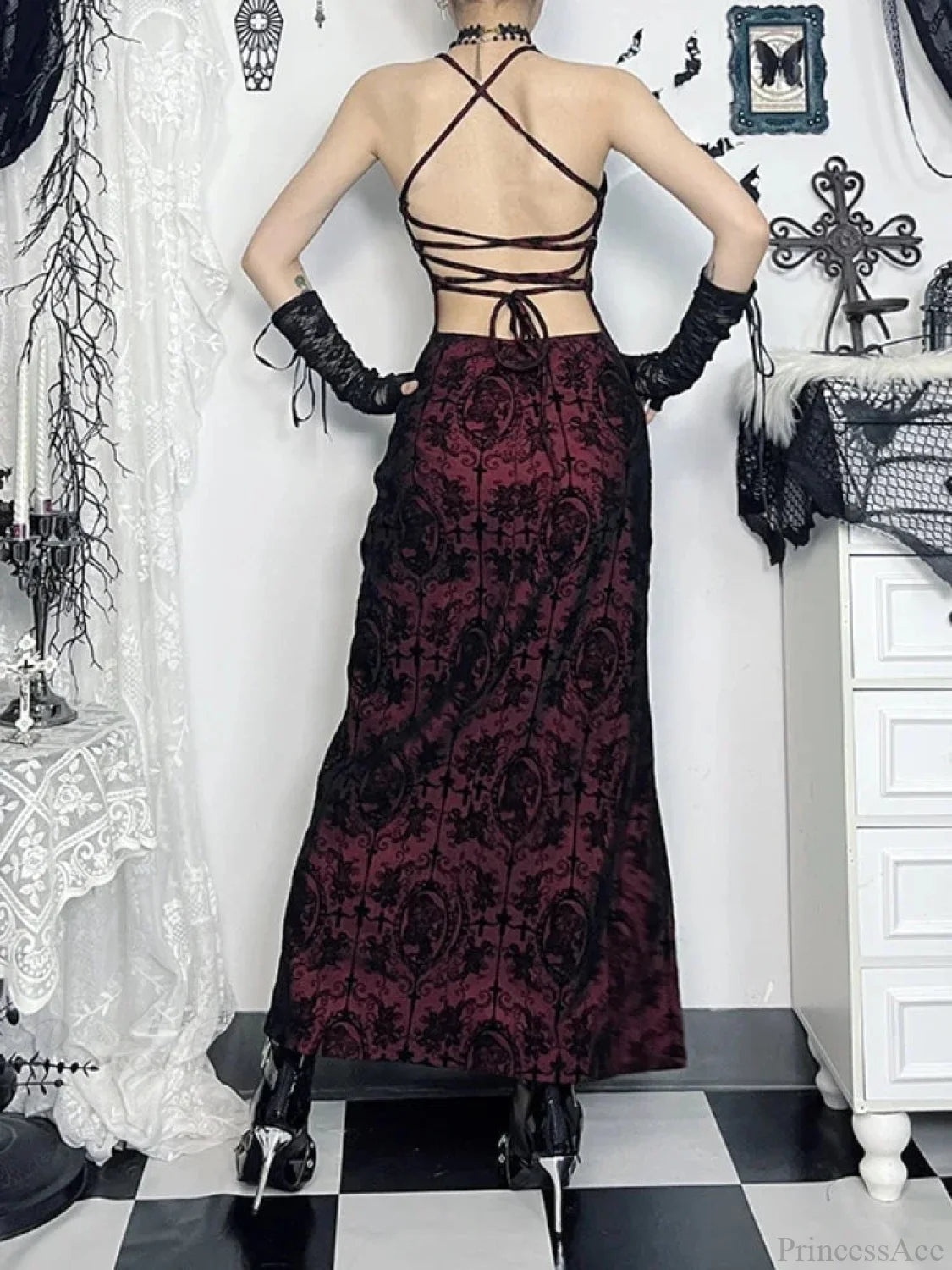 Halloween Cross Floral Halter Flocking Maxi Dress