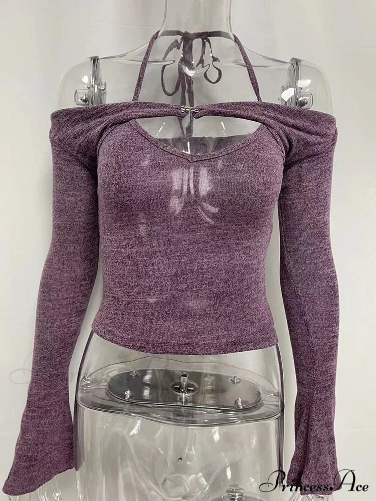 Halter 2 Crop Top T-Shirts Backless Arm Long Y2K Women’s Shoulder Piece Tanks Christmas Tees Off