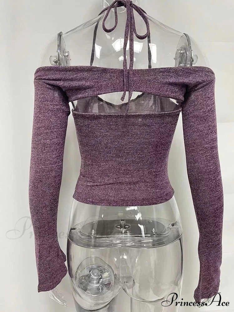 Halter 2 Crop Top T-Shirts Backless Arm Long Y2K Women’s Shoulder Piece Tanks Christmas Tees Off