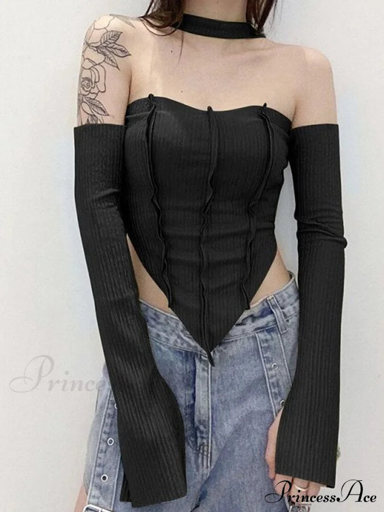 Halter 2 Crop Top T-Shirts Backless Arm Long Y2K Women’s Shoulder Piece Tanks Christmas Tees Off