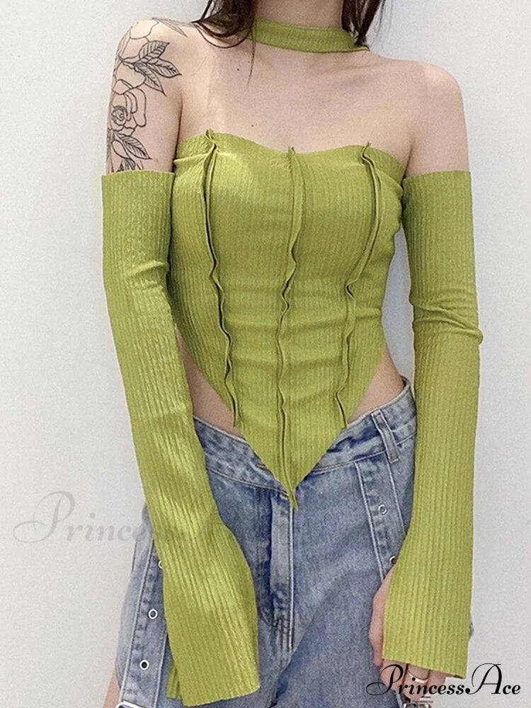 Halter 2 Crop Top T-Shirts Backless Arm Long Y2K Women’s Shoulder Piece Tanks Christmas Tees Off