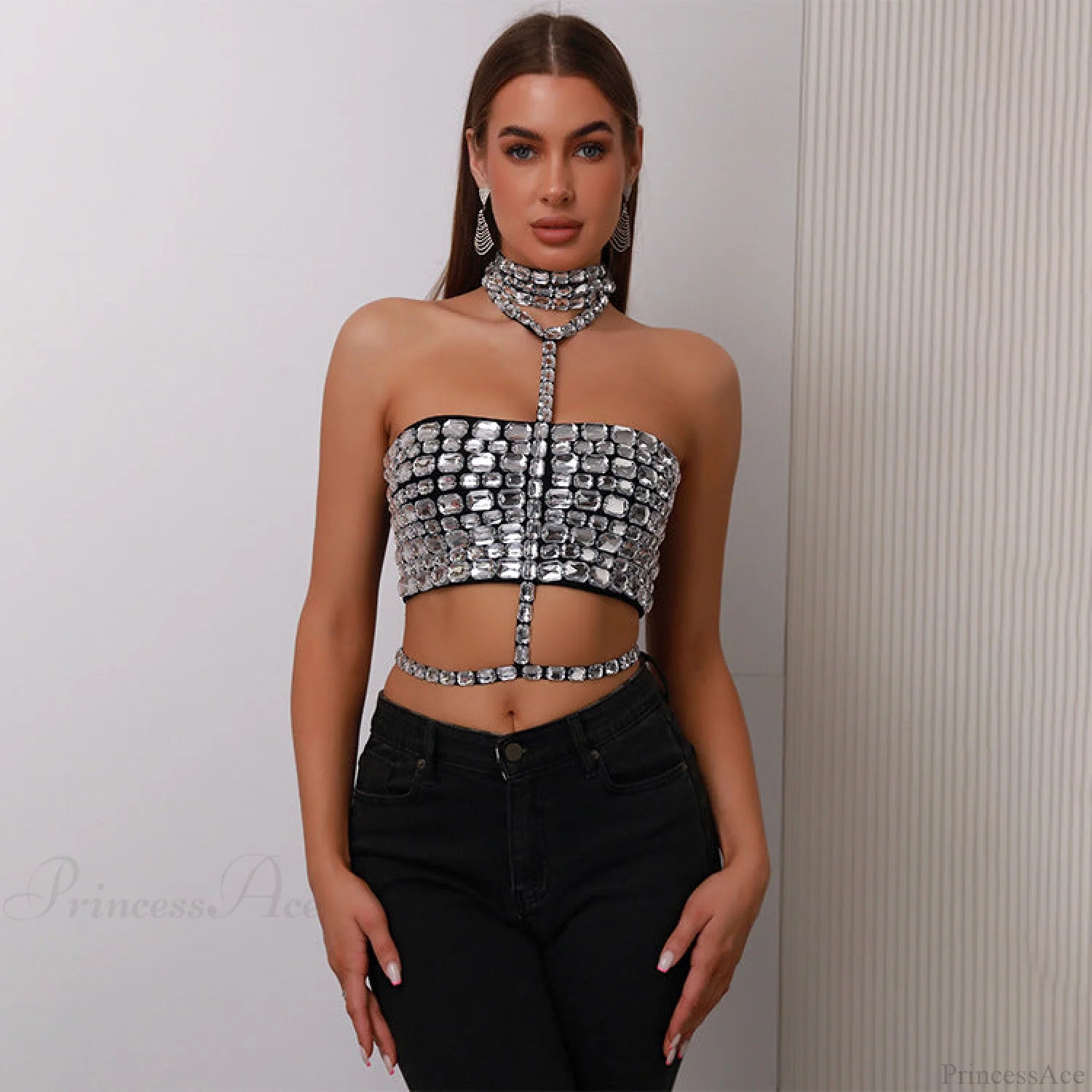 Halter Beaded Lace-Up Bandage Crop Prom Dress white / XS promdress-250223