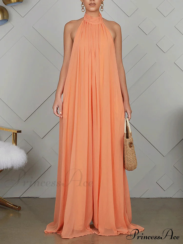 Halter Casual Graceful Maxi Dress Orange / S Jumpsuits & Rompers