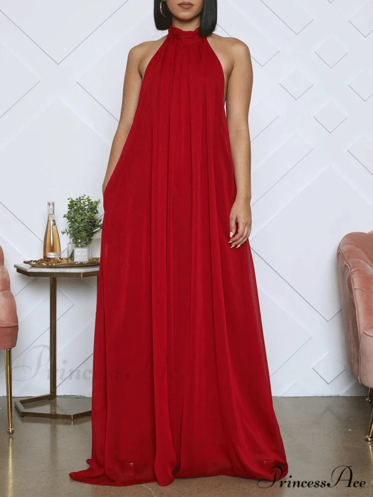 Halter Casual Graceful Maxi Dress Wine Red / S Jumpsuits & Rompers