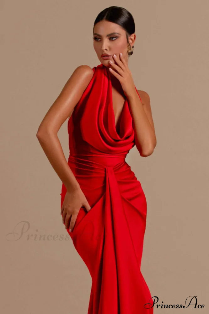 Halter Draped Stylish Mermaid Maxi Dress