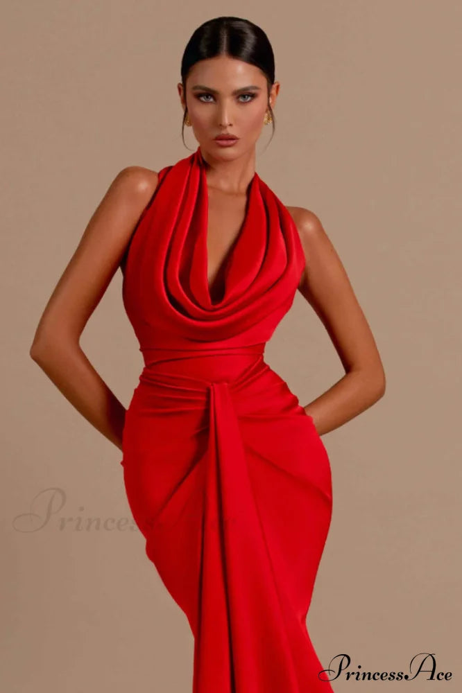 Halter Draped Stylish Mermaid Maxi Dress