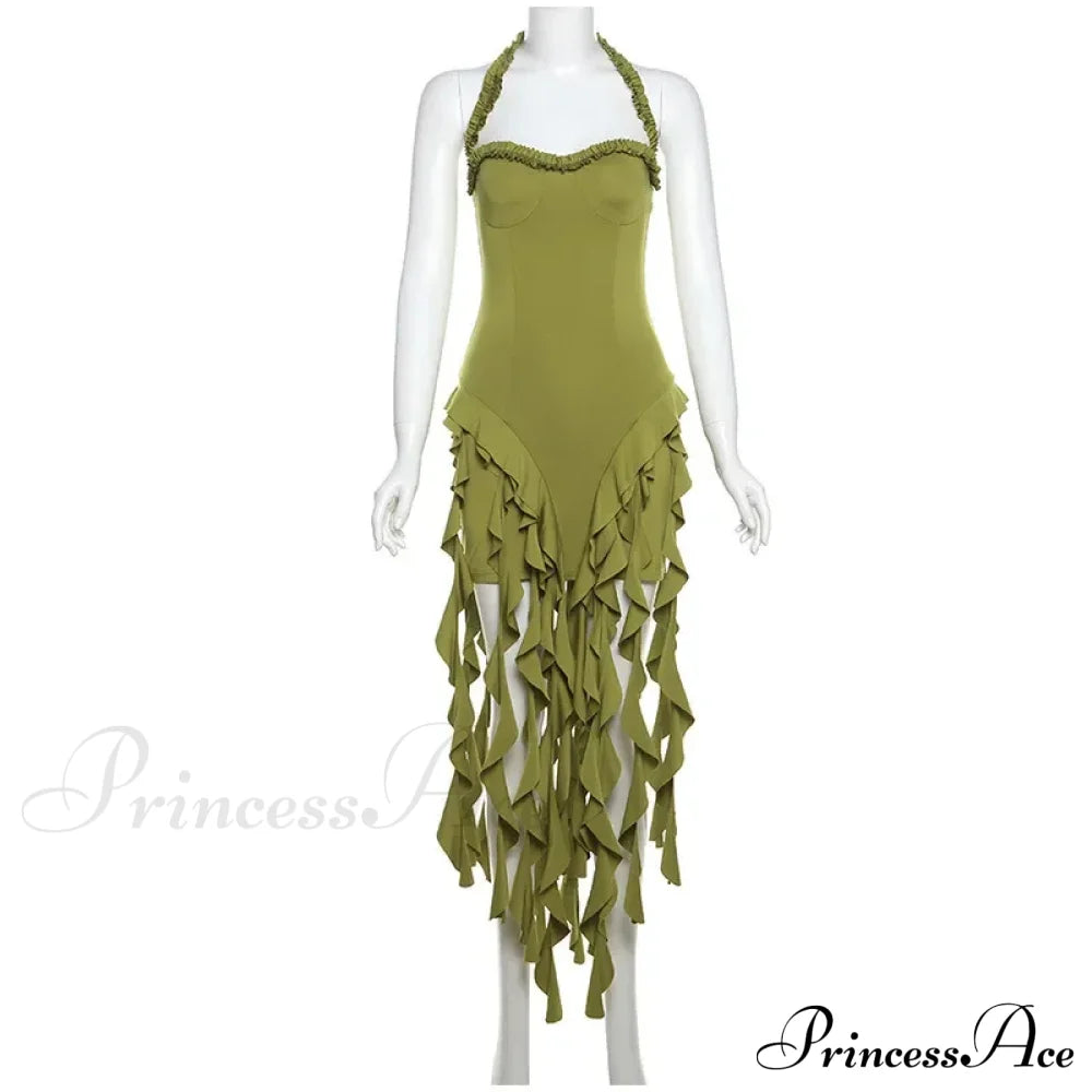 Halter Fringe Stylish Midi Dress Irregular Pleated Mini