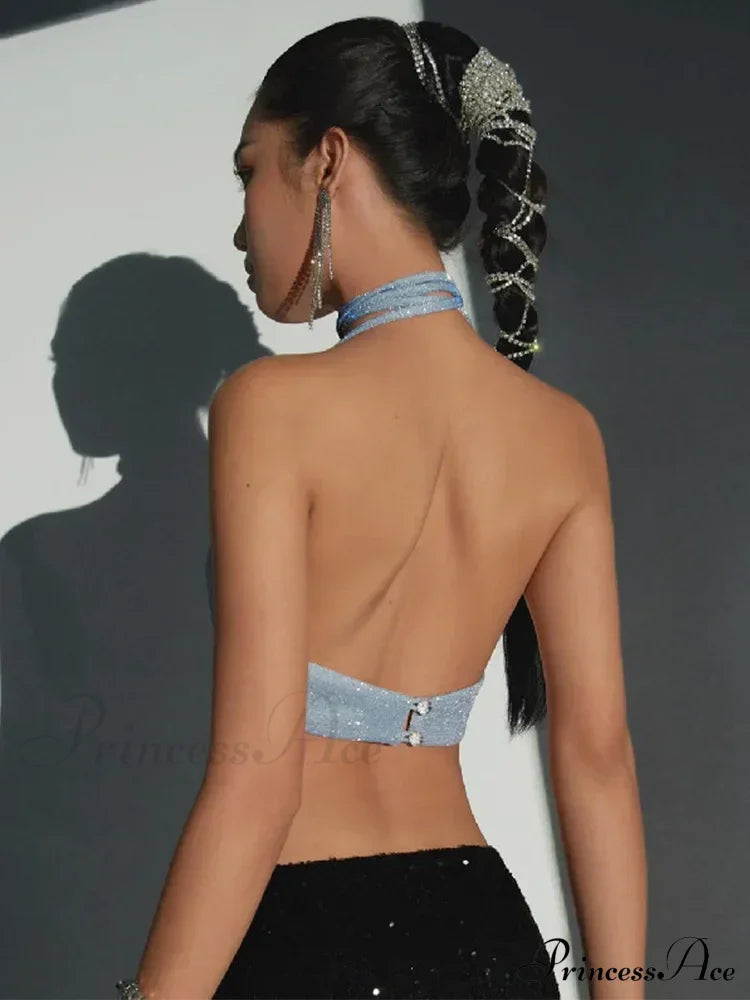 Halter Glitter 2024 Summer Outfits Blue Silk Camis Ruched Crop Backless Vests Sexys Cropped Clothes