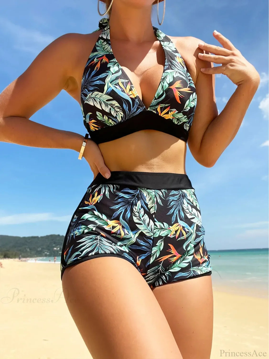 Halter Print Shorts Bikini Two Piece Set Black / S