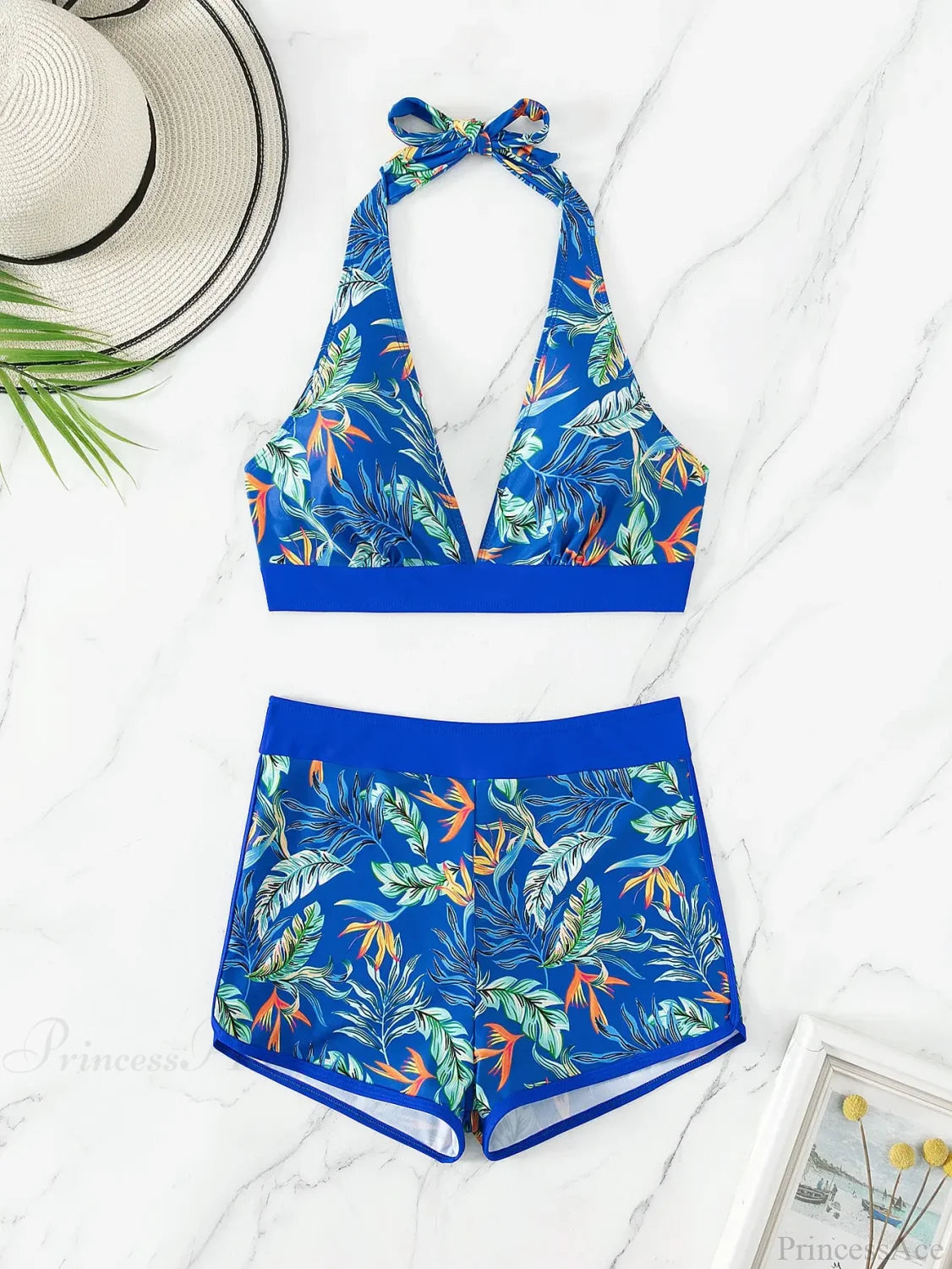 Halter Print Shorts Bikini Two Piece Set Blue / S
