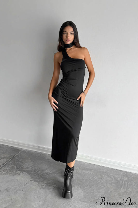 Halter Ruched Bodycon Elegant Maxi Dress Black / S