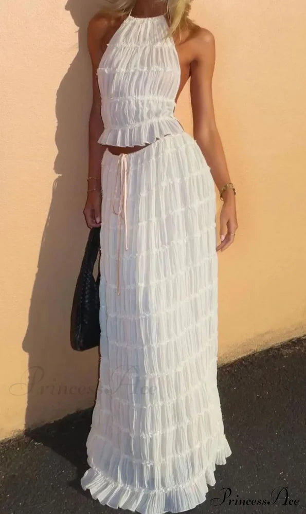 Halterneck Ruched Open Back Tie Trendy Up Top And Maxi Skirt Set Long Suits