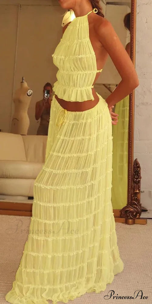 Halterneck Ruched Open Back Tie Trendy Up Top And Maxi Skirt Set Long Suits