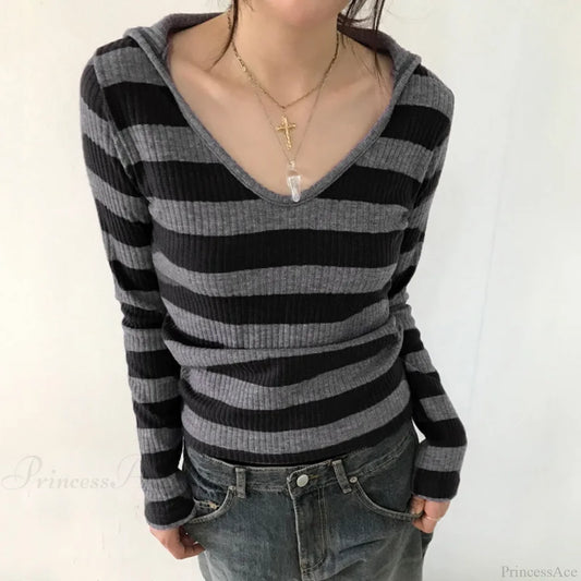 Harajuku Stripe Hooded Slim Contrast Color Long Sleeve Knit Top GRAY / S knittop-250126