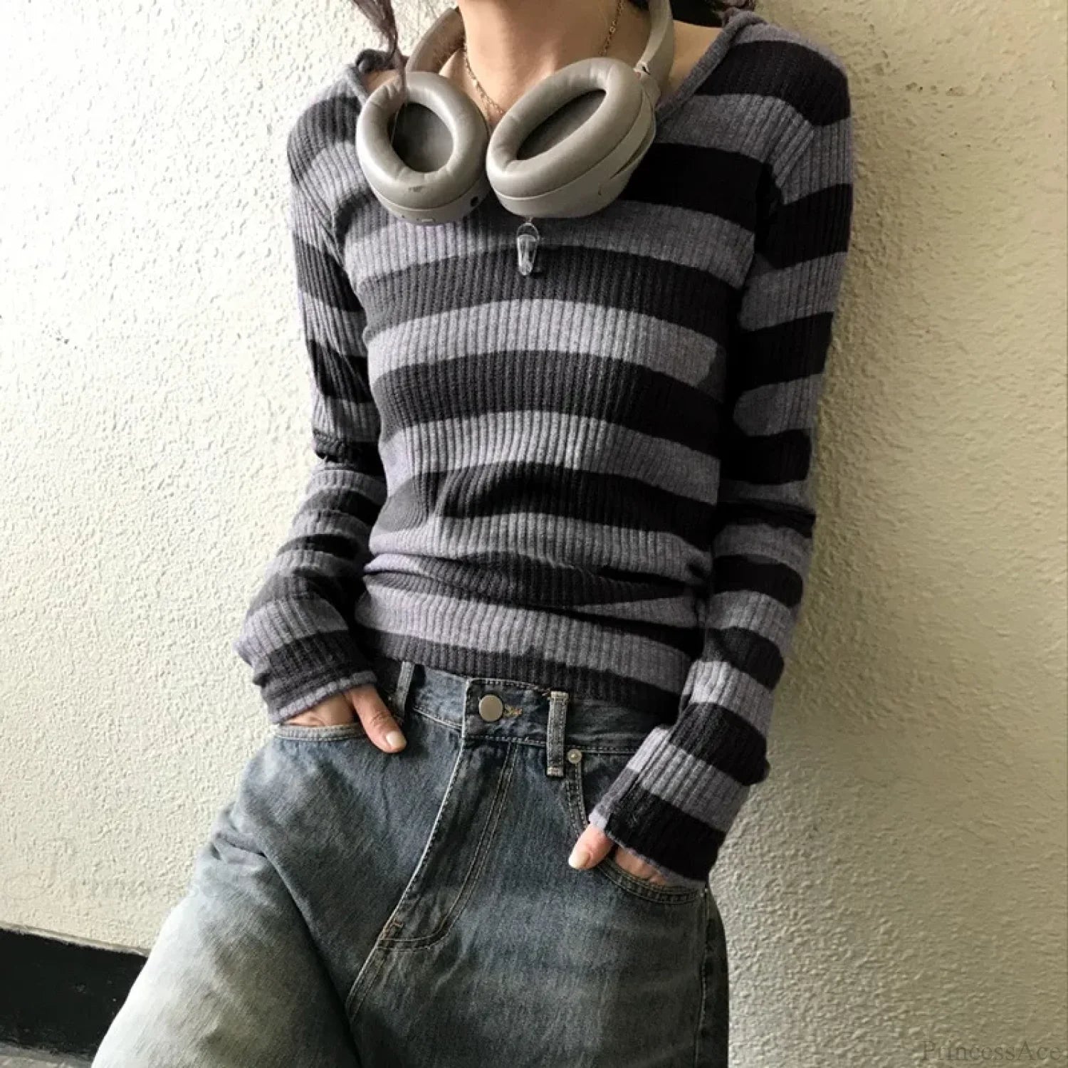 Harajuku Stripe Hooded Slim Contrast Color Long Sleeve Knit Top knittop-250126
