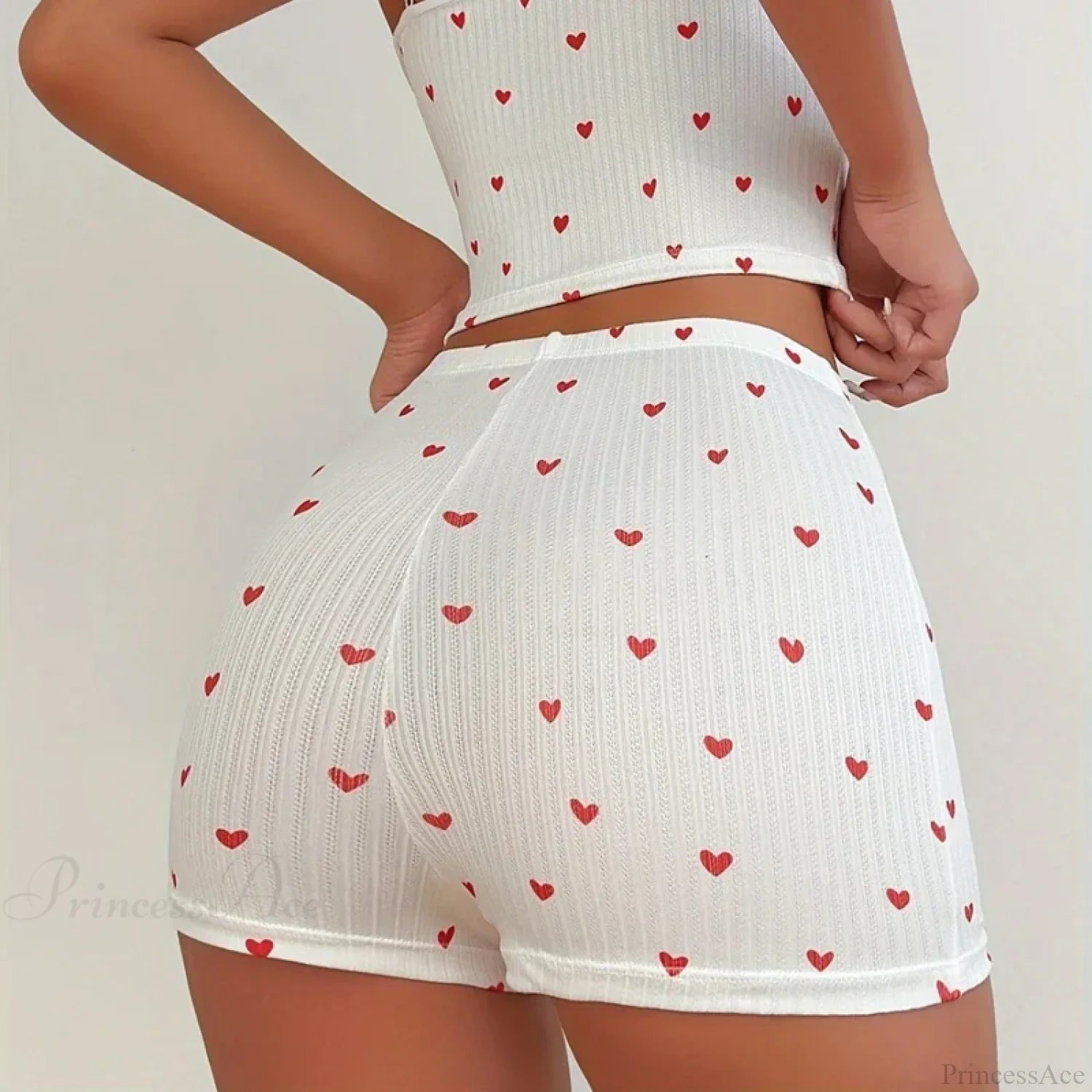 Heart Print Bow Trim Spaghetti Strap Camis Elastic Shorts Two Pieces Set twopiecesset-250126