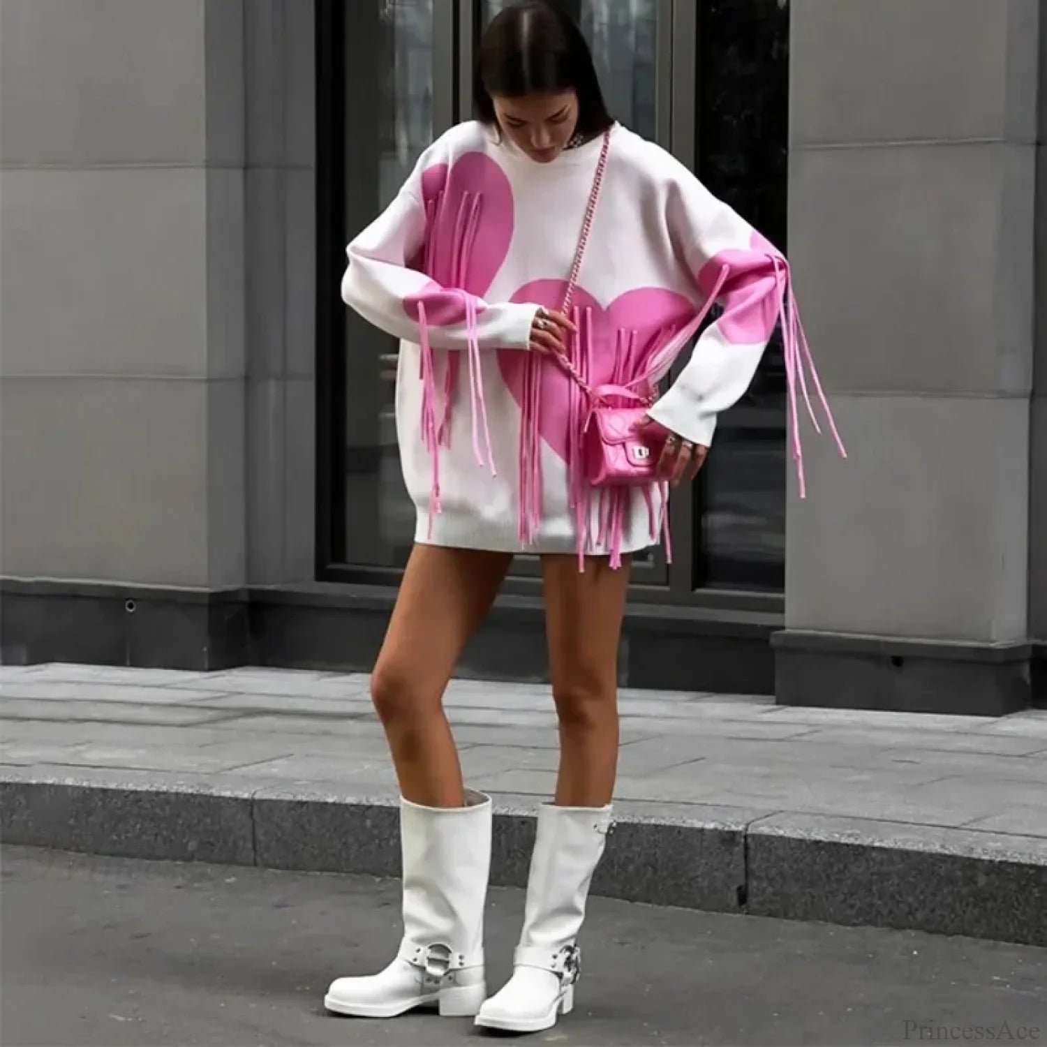 Heart Print O-neck Long Sleeve Sweater