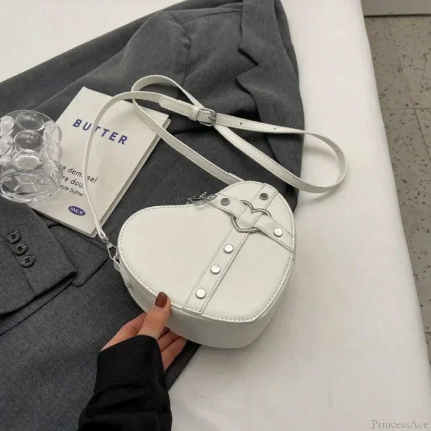 Heart Shaped PU Leather Shoulder Bag Beige shoulder-250126