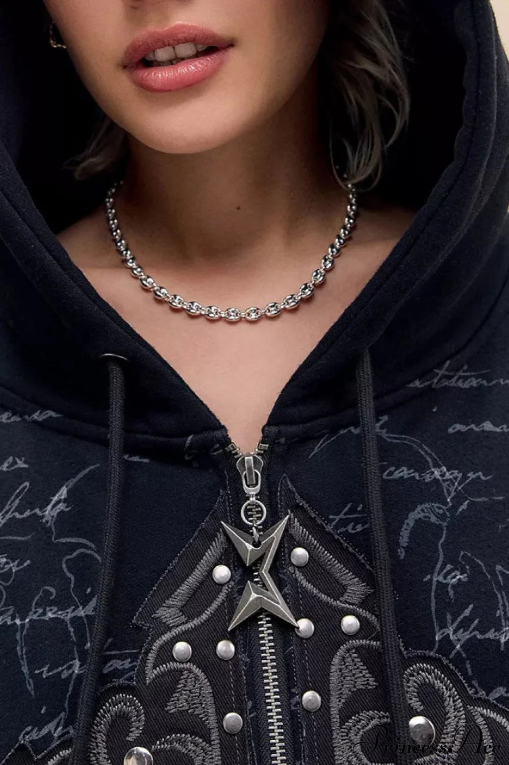 Heavy Metal Punk Printed Applique Zip Hoodie