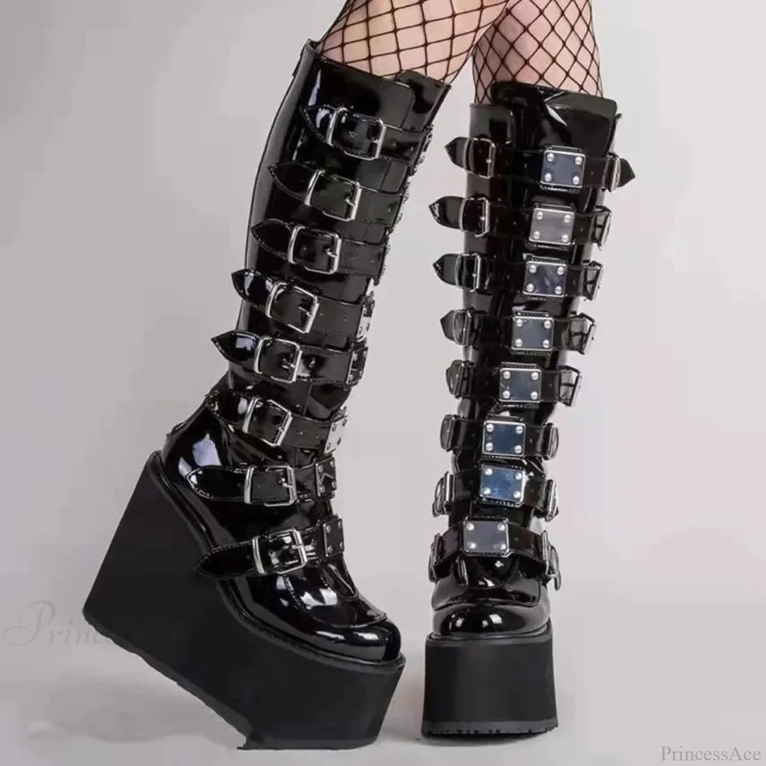 High Black Leather Gothic Elevated Boot bright black / 35