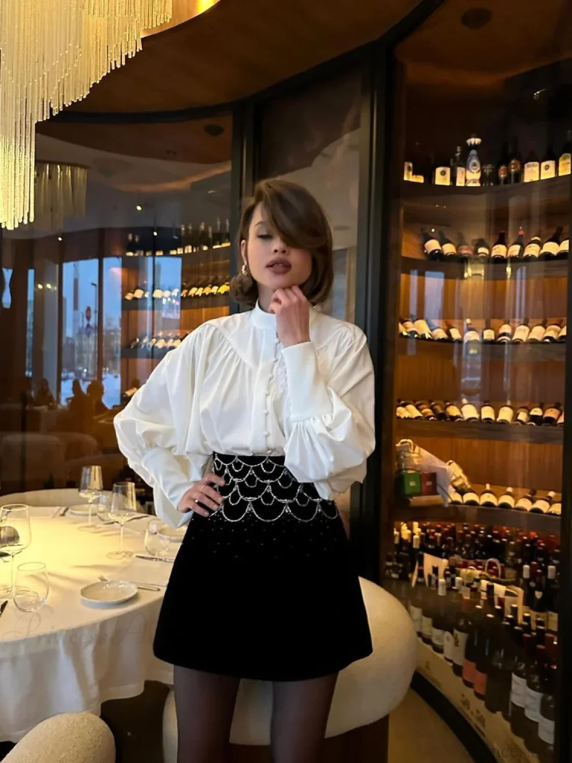 High Neck Fold Bubble Sleeve White Blouse blouse-250223