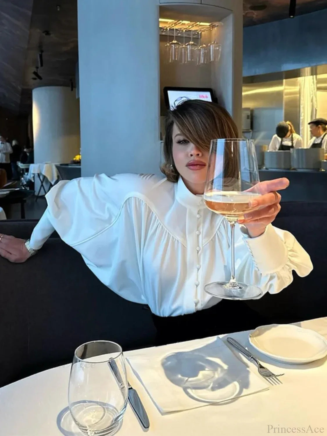 High Neck Fold Bubble Sleeve White Blouse blouse-250223