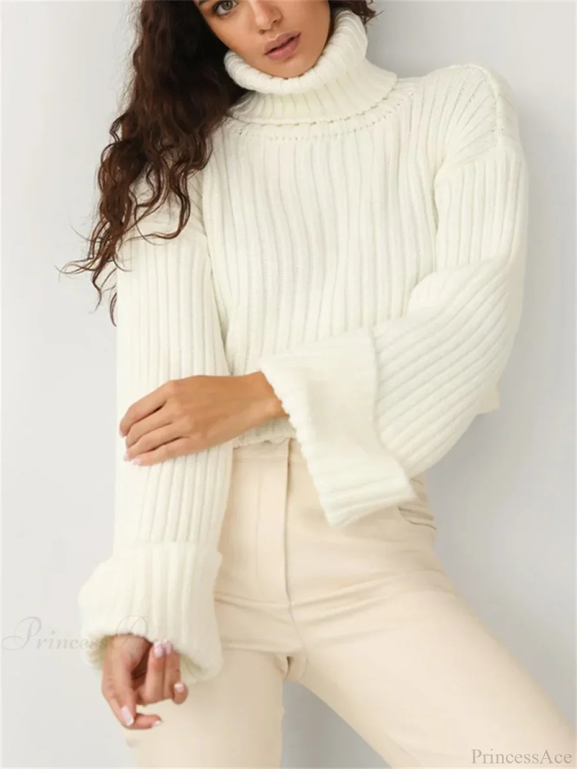 High Neck Ribbed Cropped Sweater Beige / S