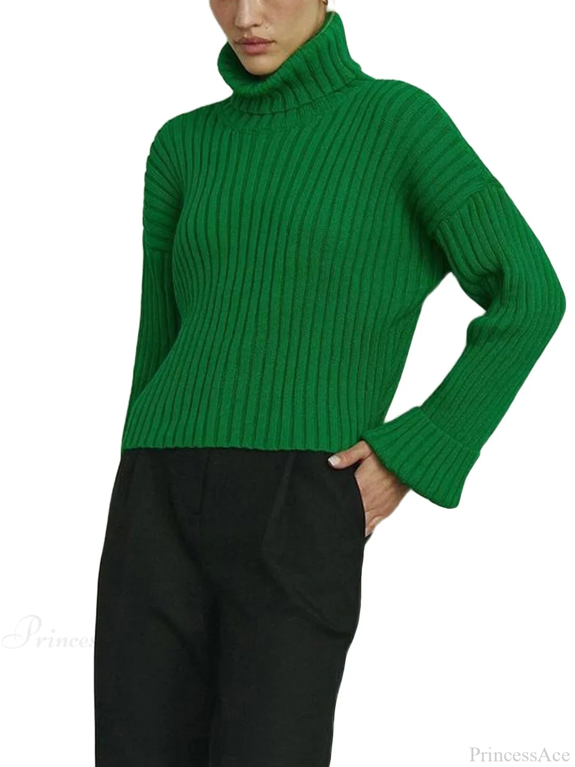 High Neck Ribbed Cropped Sweater Green / S