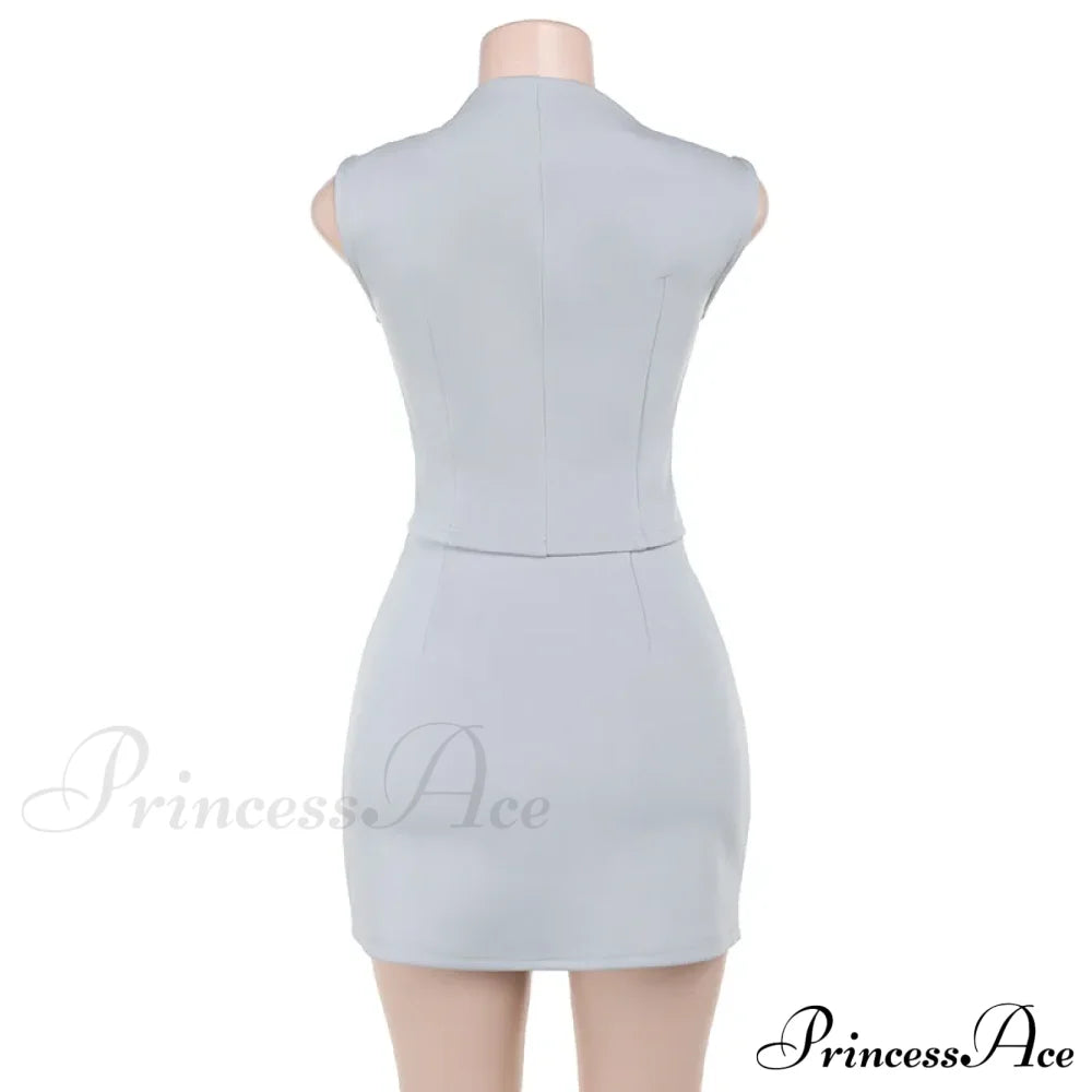 High Neck Solid Top Graceful And Bodycon Mini Skirt Set Two Pieces