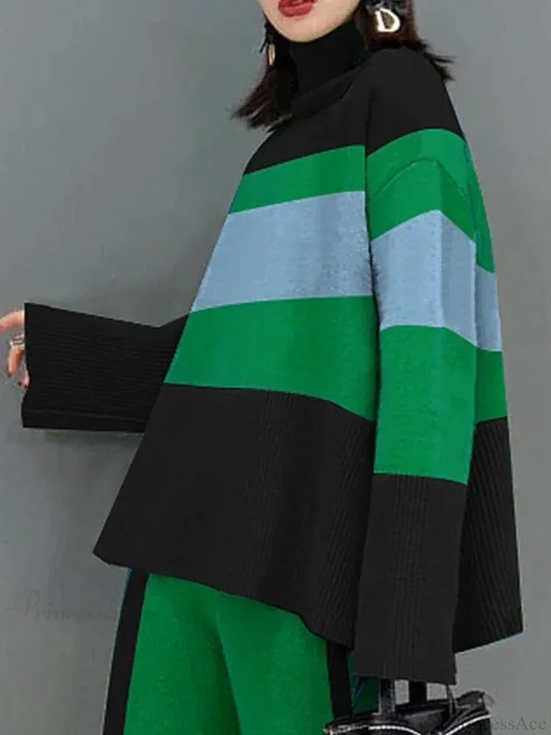 High Neck Vintage Flared Sleeves Sweater Green Tops / S