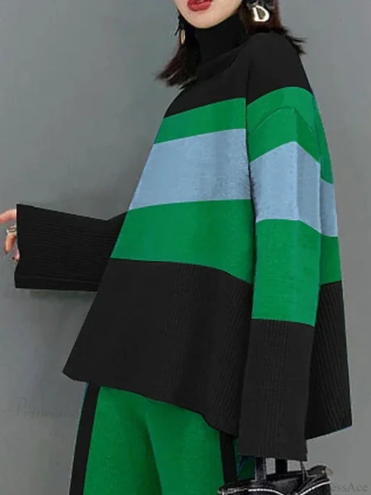 High Neck Vintage Flared Sleeves Sweater Green Tops / S
