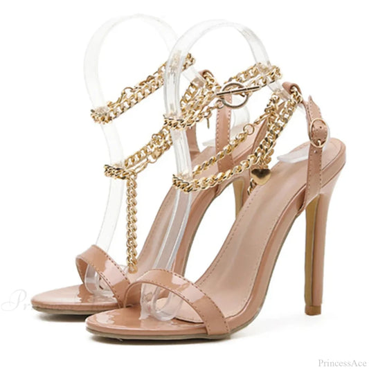 High-Quality Pink Patent-Leather Summer Women’s Shoes Sandals Open-Toe Metal-Chain Ankle-Strap