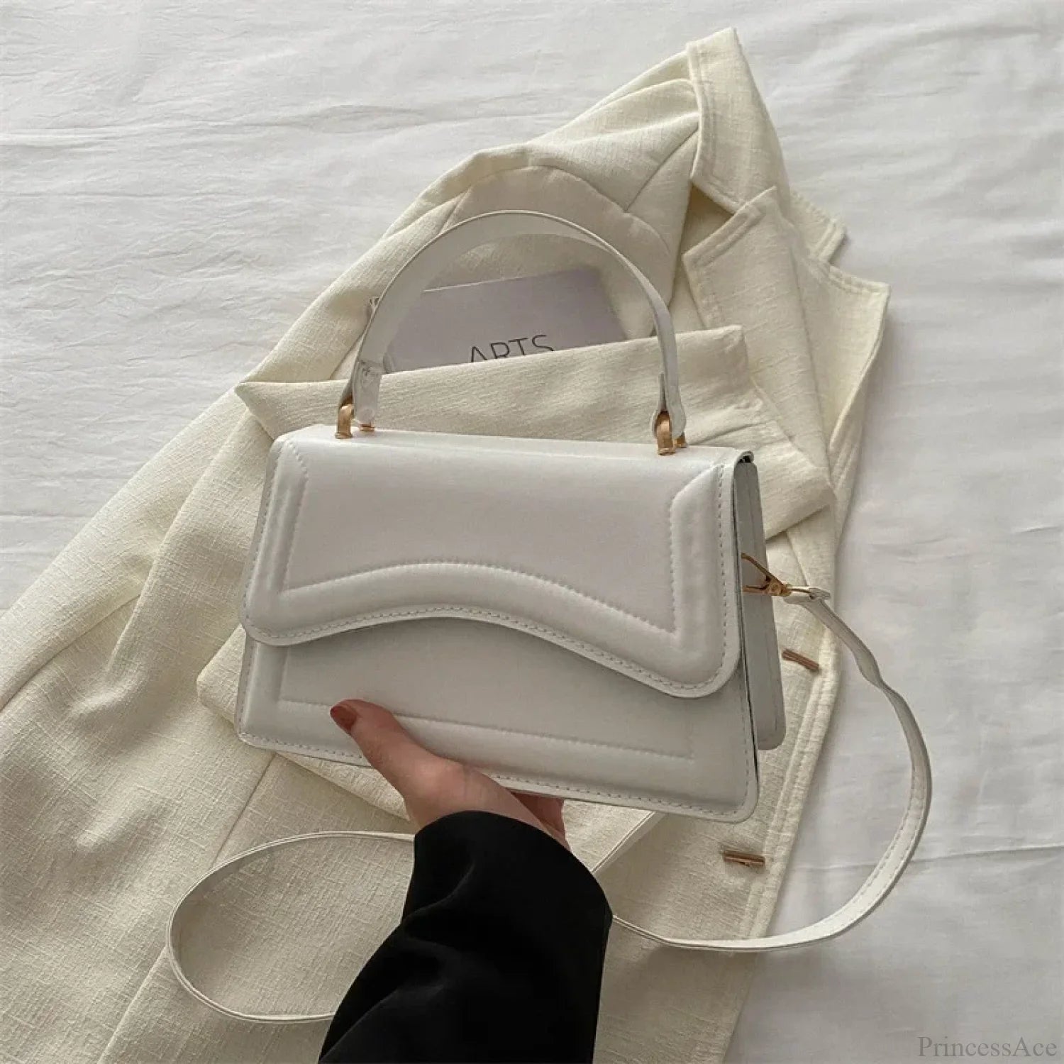 High-Quality PU Leather Solid Color Crossbody Handbag White handbag-250126