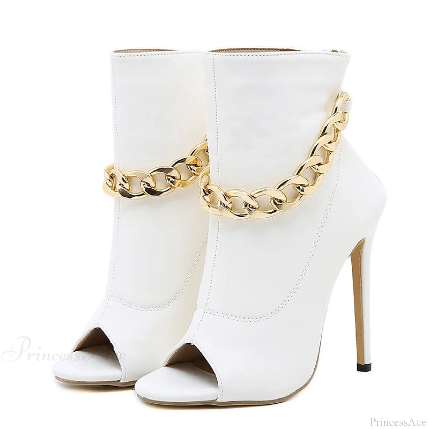 High-Quality White Leather Basic Boots Ankle Sandals Metal-Chain Thin-Heels Peep-Toe Zip Pumps High
