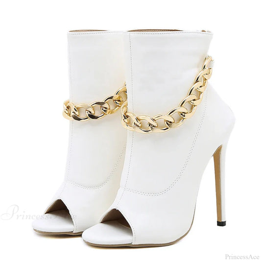 High-Quality White Leather Basic Boots Ankle Sandals Metal-Chain Thin-Heels Peep-Toe Zip Pumps High