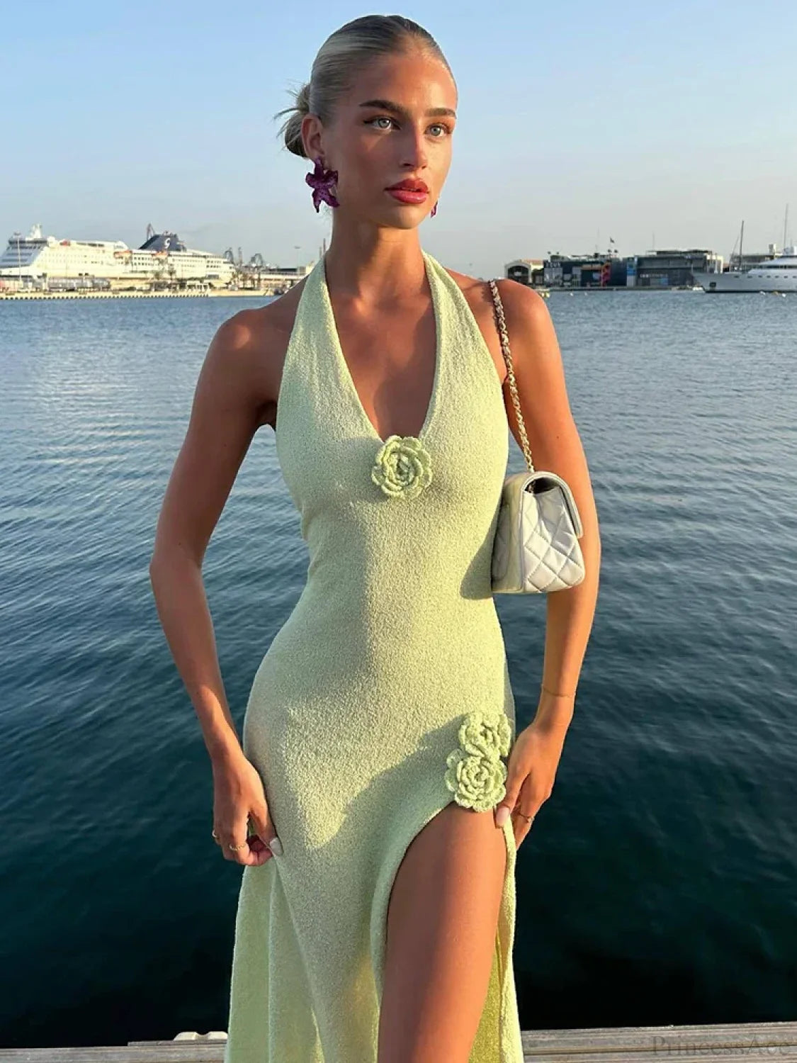 High Slit 3D Flowers Halter Vacation Dress vacationdress-250223