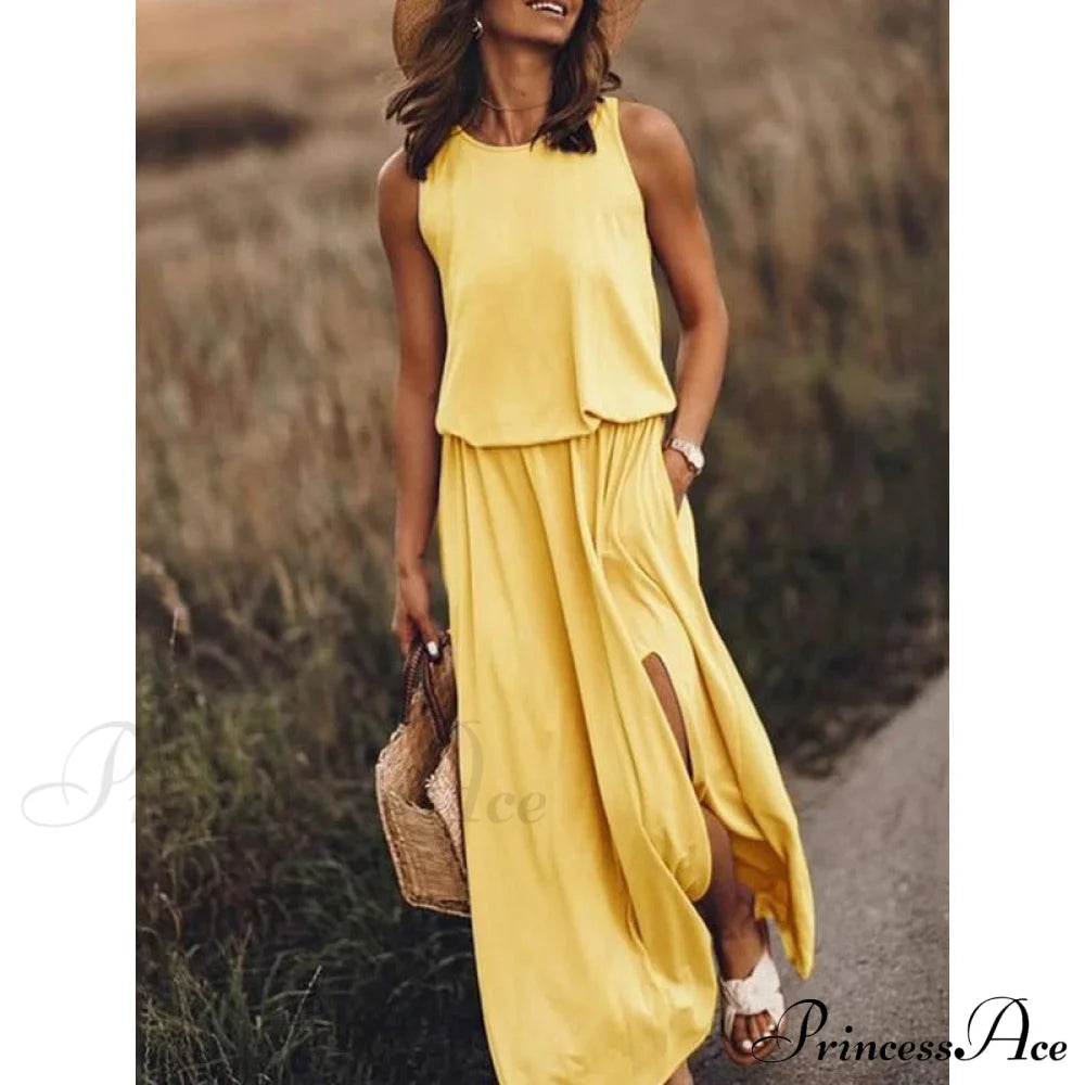 High Slit Maxi Long Dress With Pockets S / Dark Green Chiffon Purple Maxi Dress