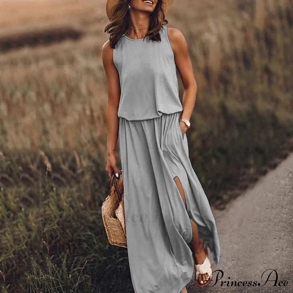 High Slit Maxi Long Dress With Pockets S / Gray Chiffon Purple Maxi Dress
