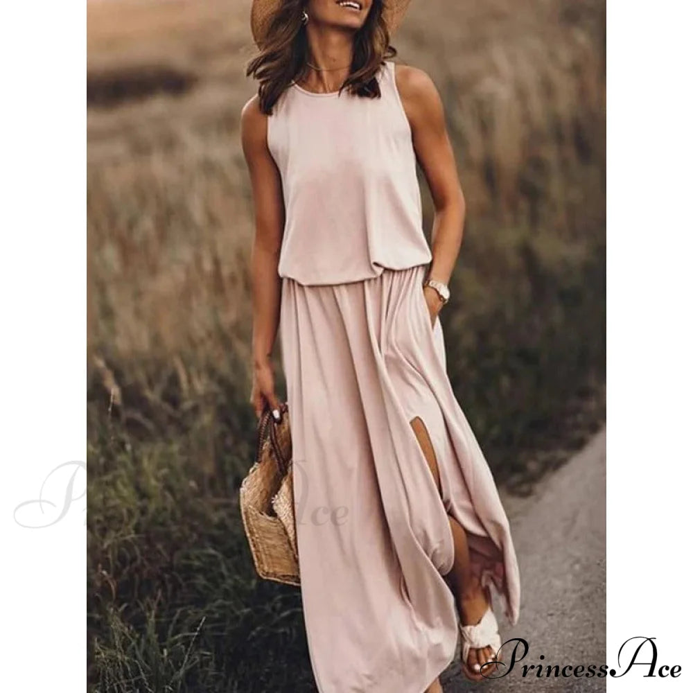 High Slit Maxi Long Dress With Pockets S / Green Chiffon Purple Maxi Dress