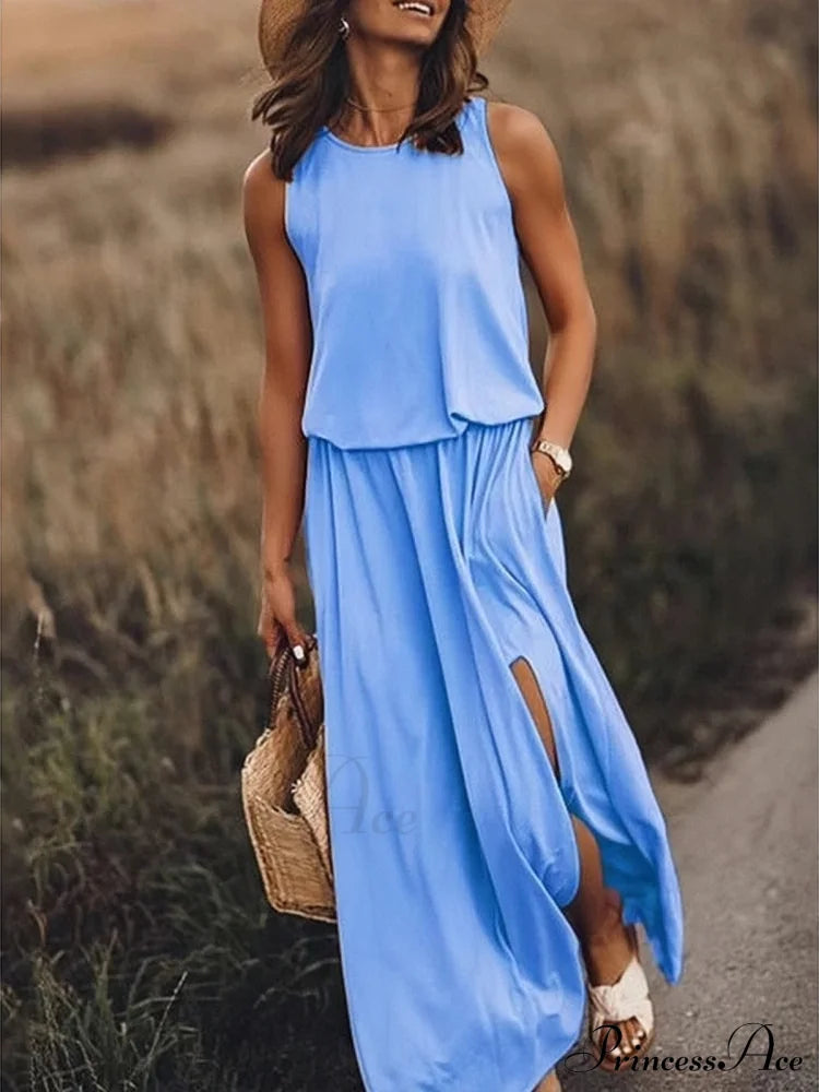 High Slit Maxi Long Dress With Pockets S / Khaki Chiffon Purple Maxi Dress