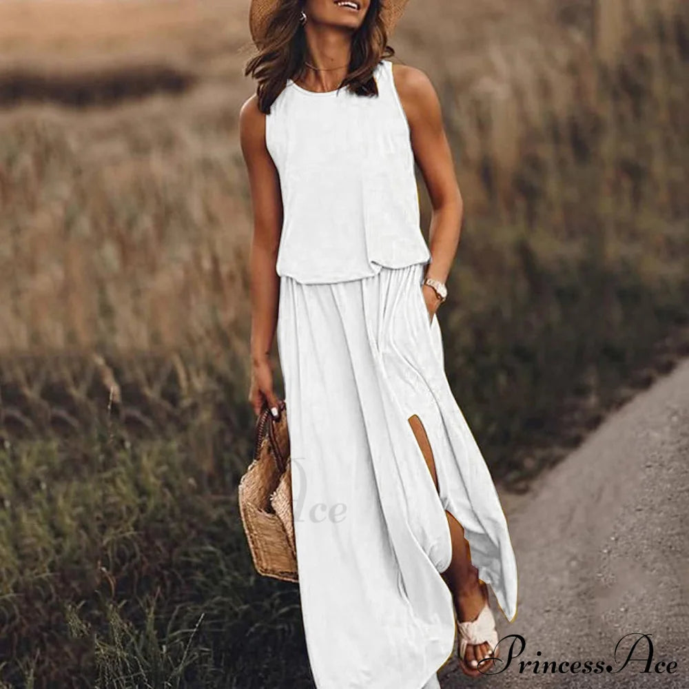 High Slit Maxi Long Dress With Pockets S / Purple Chiffon Purple Maxi Dress