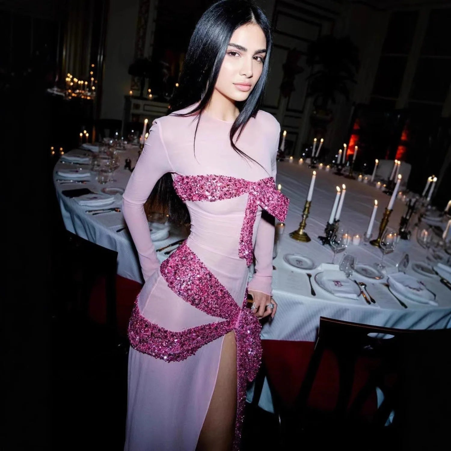 High Slit Sequin Mesh Prom Dress promdress-250223