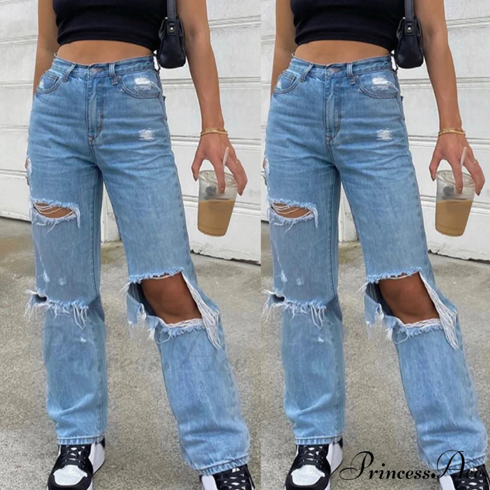 High Straight Leg Baggy Streetwear Waist Pants Jeans Ripped Boyfriend Women Trousers