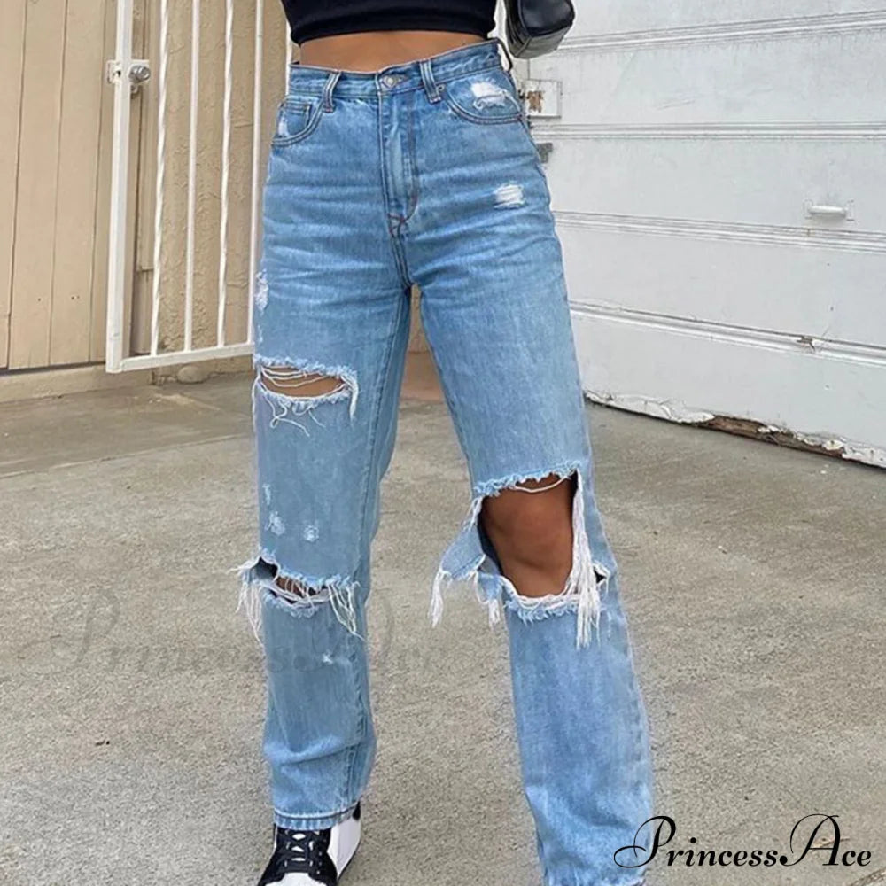 High Straight Leg Baggy Streetwear Waist Pants Jeans Ripped Boyfriend Women Trousers