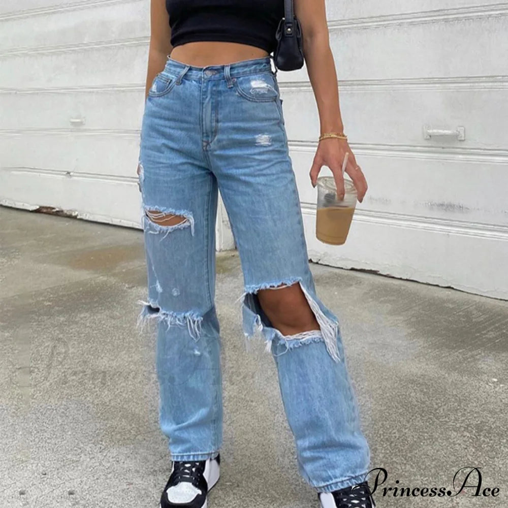High Straight Leg Baggy Streetwear Waist Pants Jeans Ripped Boyfriend Women Trousers