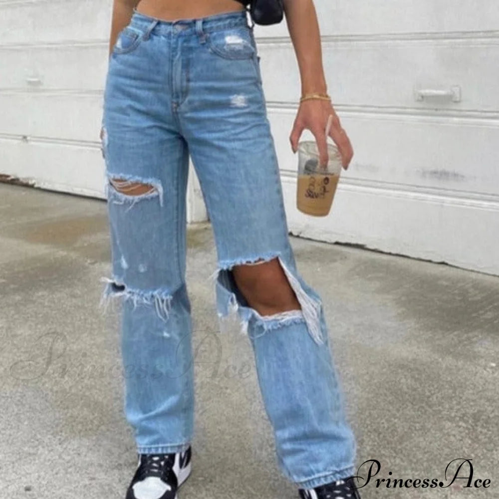 High Straight Leg Baggy Streetwear Waist Pants Jeans Ripped Boyfriend Women Trousers Blue / S