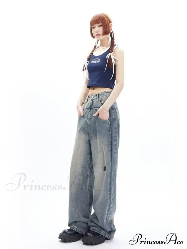 High Street Niche Design Wide Leg Washed For Men And Women Straight Tube Loose Fitting Retro Pants