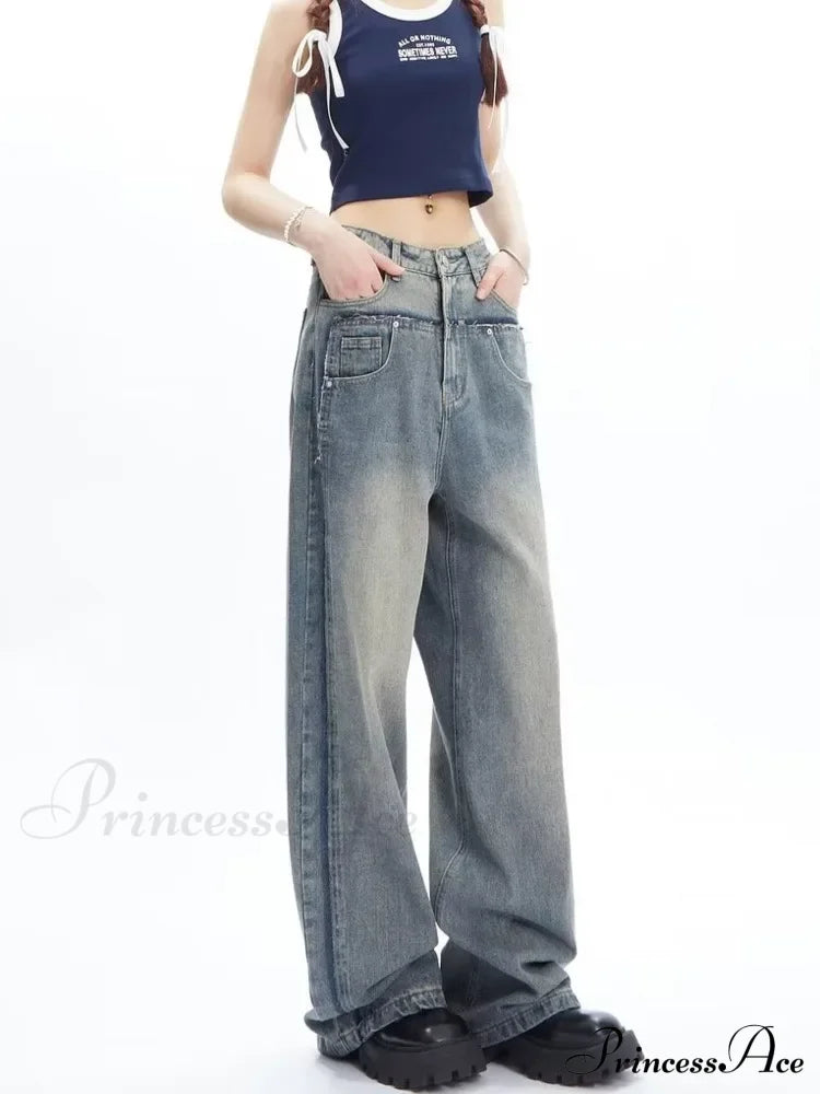 High Street Niche Design Wide Leg Washed For Men And Women Straight Tube Loose Fitting Retro Pants