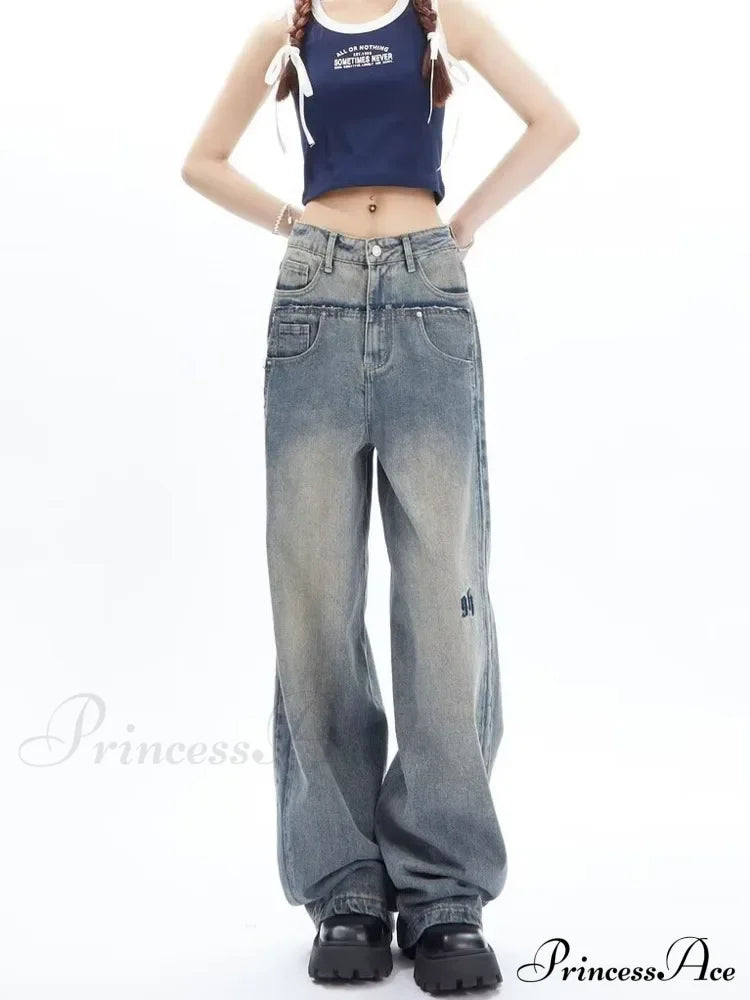 High Street Niche Design Wide Leg Washed For Men And Women Straight Tube Loose Fitting Retro Pants
