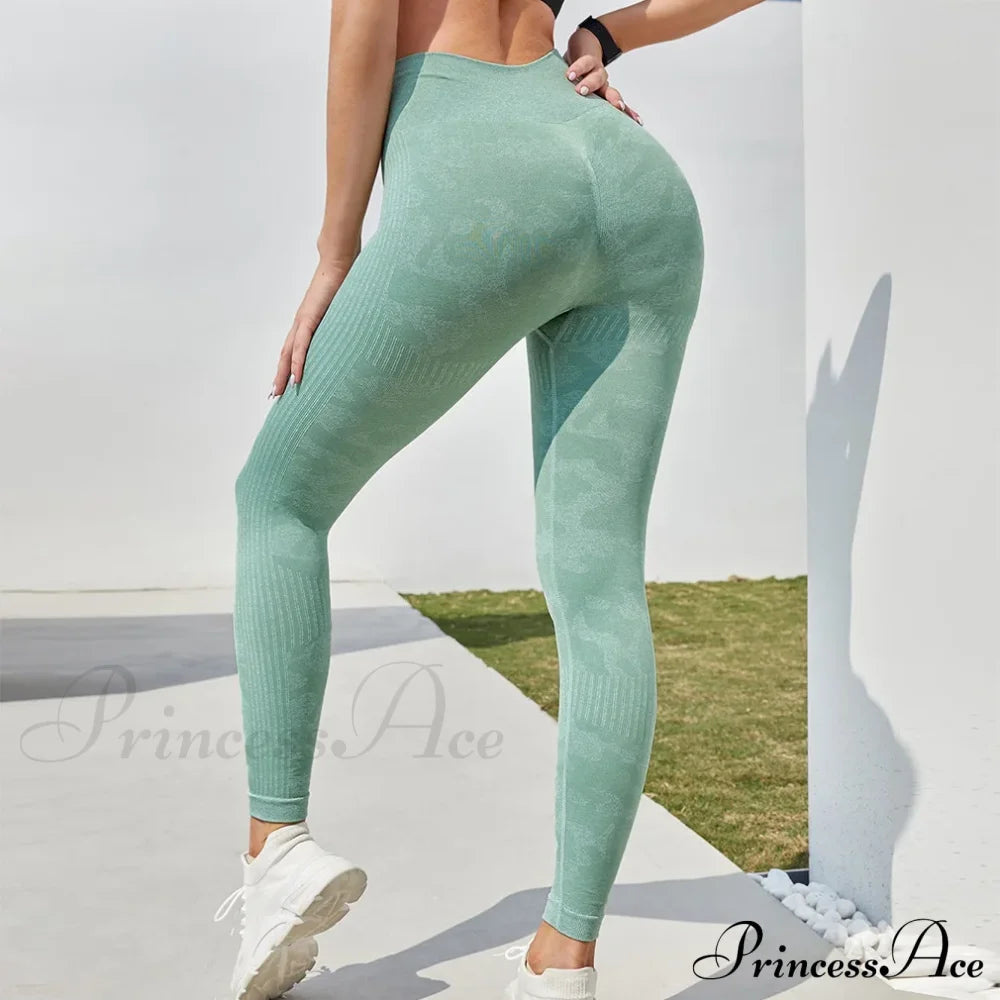 High Waist Camouflage Seamless Stretch Butt Lift Gym Legging Green / S